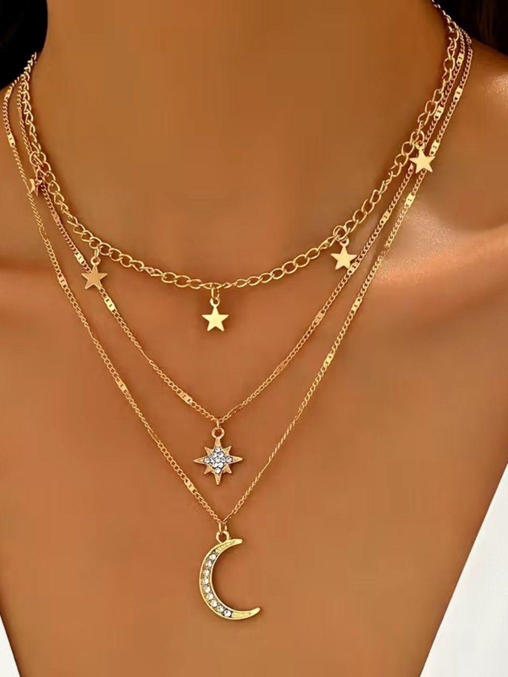 Gold Layered Moon & Star Necklace Set - Women Jewelry